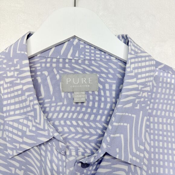PURE Collection 100% Silk Button Front Top Geometric Print Blouse Blue Sz M 8 10 - Picture 6 of 7